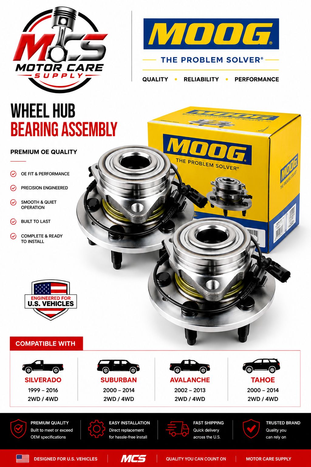 MOOG Front Wheel Hub Bearing Assembly for Chevrolet Tahoe 2WD / 4WDMotorcare Supply